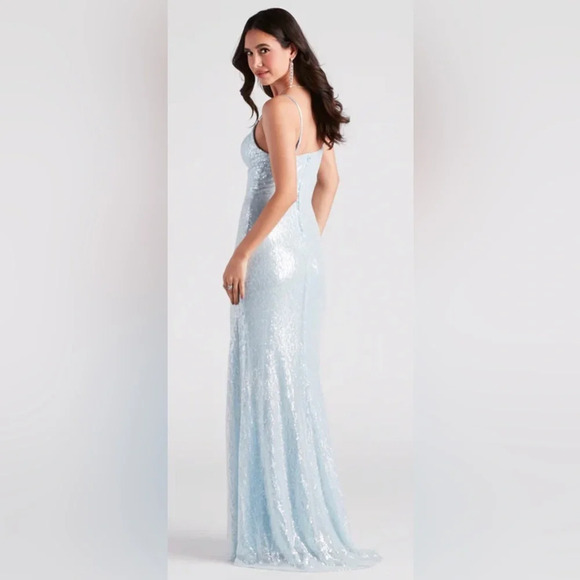 Windsor Lizza Formal Sequin Slit Long Dress in Light Blue Prom Bridesmaid - Picture 2 of 13